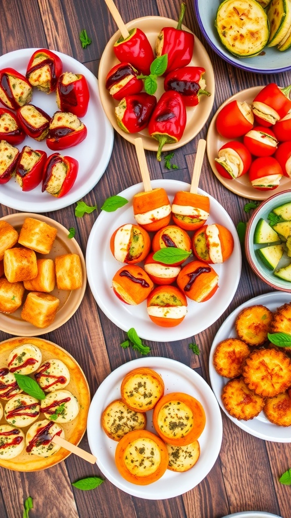 A colorful array of creative appetizers including stuffed mini peppers, Caprese skewers, spinach puff pastry, chicken skewers, mini quiches, roasted chickpeas, and zucchini fritters on a rustic table.
